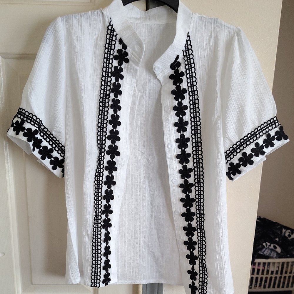 White and Black Embroidered Woman's Shirt